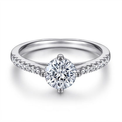 S925 Sterling Silver 4-Prong Wedding Ring – Classic Solitaire with Pavé Band