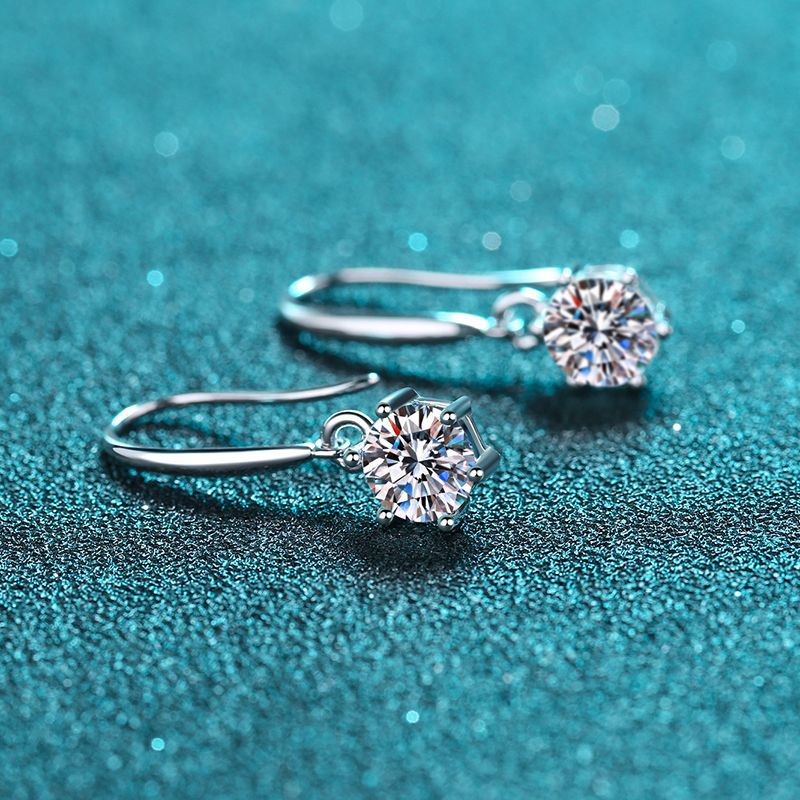 S925 Sterling Silver 6-Prong Wave Hook Earrings with Moissanite - Camellia-Inspired Dangle Earrings