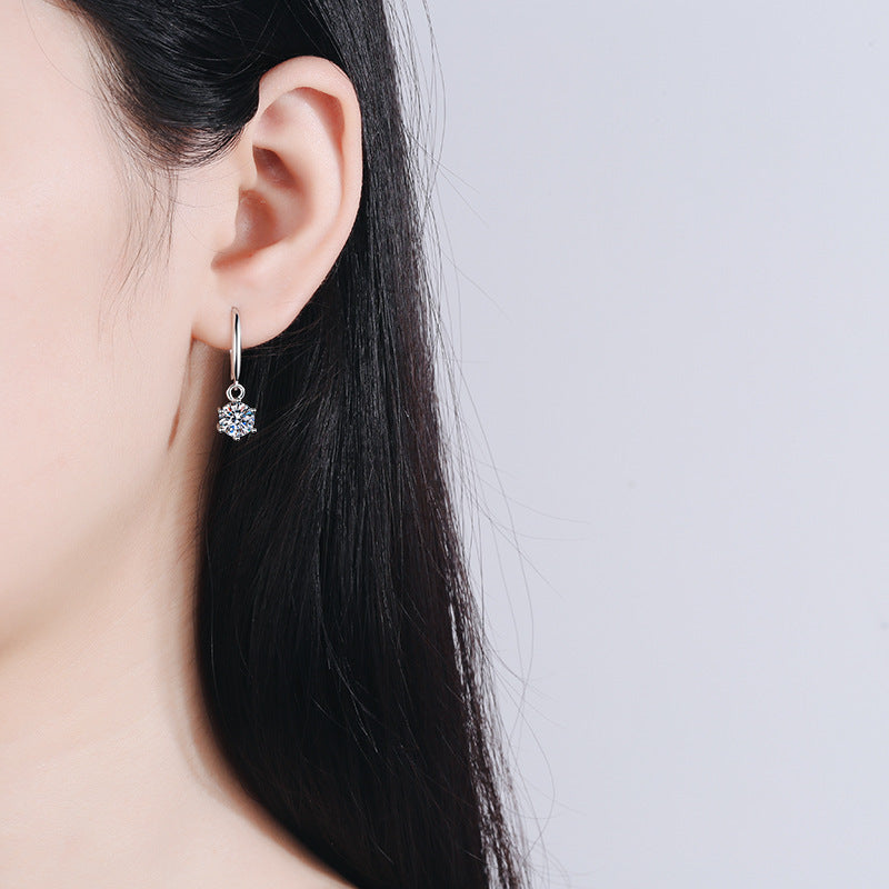 S925 Sterling Silver 6-Prong Wave Hook Earrings with Moissanite - Camellia-Inspired Dangle Earrings