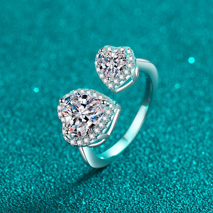 S925 Sterling Silver Adjustable Connected Hearts 2.5ct Moissanite Ring with Rose Motifs
