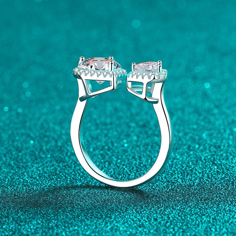 S925 Sterling Silver Adjustable Connected Hearts 2.5ct Moissanite Ring with Rose Motifs