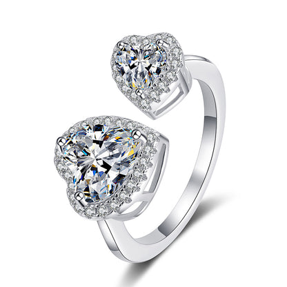 S925 Sterling Silver Adjustable Connected Hearts 2.5ct Moissanite Ring with Rose Motifs