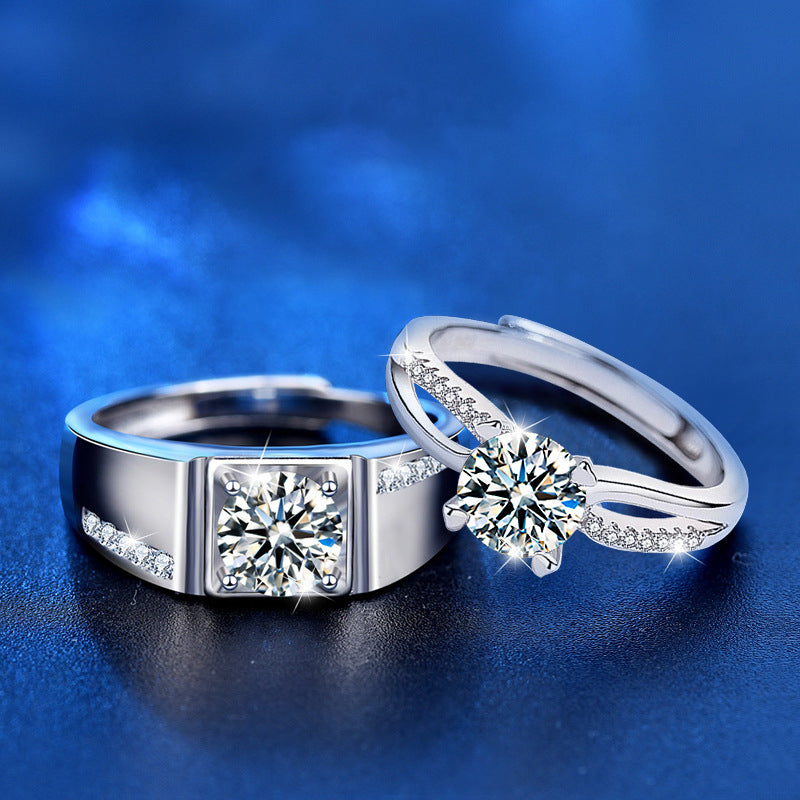 S925 Sterling Silver Adjustable Couple Rings with 1ct Moissanite - White Gold Plated Geometric Luxury Wedding Bands for Couples