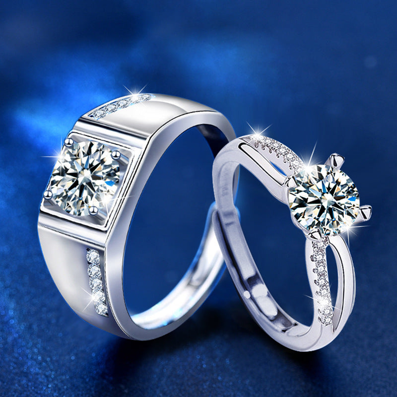 S925 Sterling Silver Adjustable Couple Rings with 1ct Moissanite - White Gold Plated Geometric Luxury Wedding Bands for Couples