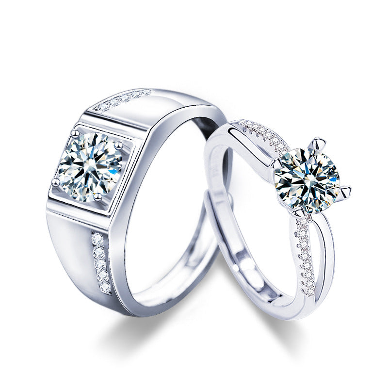 S925 Sterling Silver Adjustable Couple Rings with 1ct Moissanite - White Gold Plated Geometric Luxury Wedding Bands for Couples