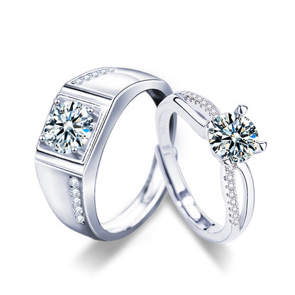 S925 Sterling Silver Adjustable Couple Rings with 1ct Moissanite - White Gold Plated Geometric Luxury Wedding Bands for Couples