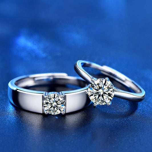 S925 Sterling Silver Adjustable Crown Couple Rings with 1ct Moissanite - White Gold Plated Minimalist Wedding Bands (His 5.5g/Hers 2g)