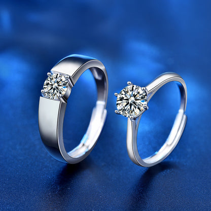 S925 Sterling Silver Adjustable Crown Couple Rings with 1ct Moissanite - White Gold Plated Minimalist Wedding Bands (His 5.5g/Hers 2g)