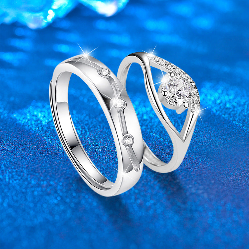 S925 Sterling Silver Adjustable Geometric Couple Rings with 0.5ct Moissanite White Gold Plated Minimalist Matching Bands