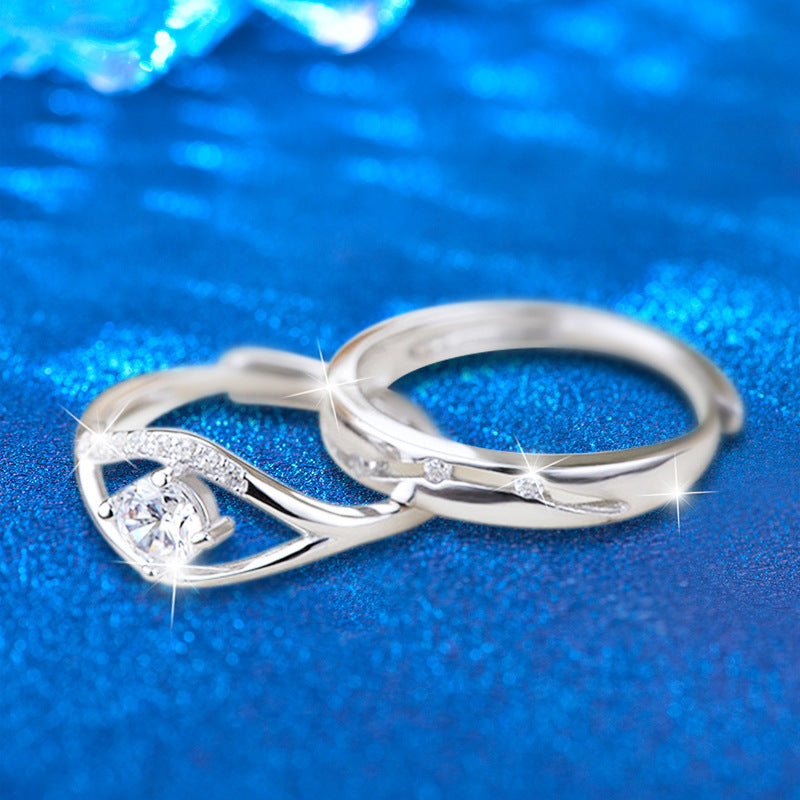 S925 Sterling Silver Adjustable Geometric Couple Rings with 0.5ct Moissanite White Gold Plated Minimalist Matching Bands