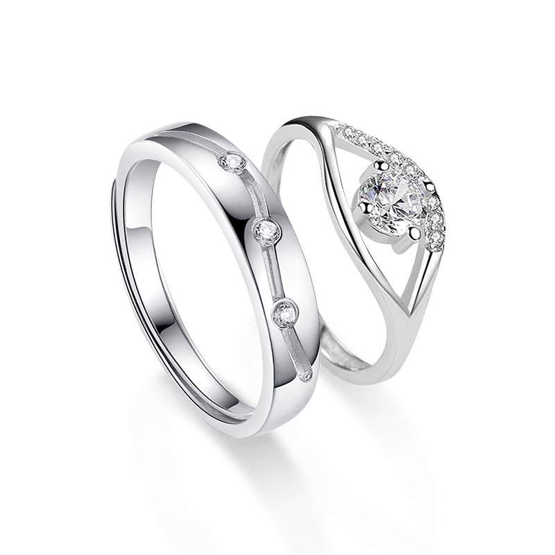S925 Sterling Silver Adjustable Geometric Couple Rings with 0.5ct Moissanite White Gold Plated Minimalist Matching Bands