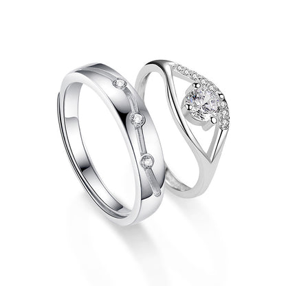 S925 Sterling Silver Adjustable Geometric Couple Rings with 0.5ct Moissanite White Gold Plated Minimalist Matching Bands