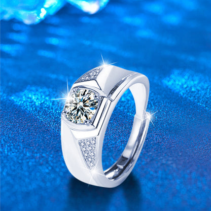 S925 Sterling Silver Adjustable Geometric Men's Ring with 1ct Moissanite Rhodium Plated European Style Jewelry