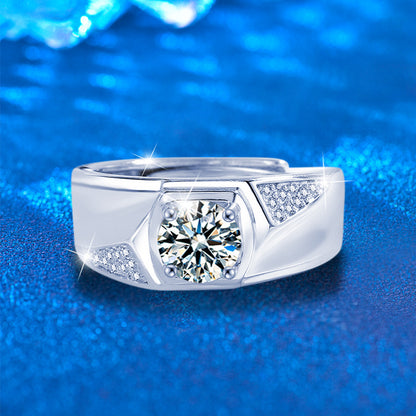 S925 Sterling Silver Adjustable Geometric Men's Ring with 1ct Moissanite Rhodium Plated European Style Jewelry