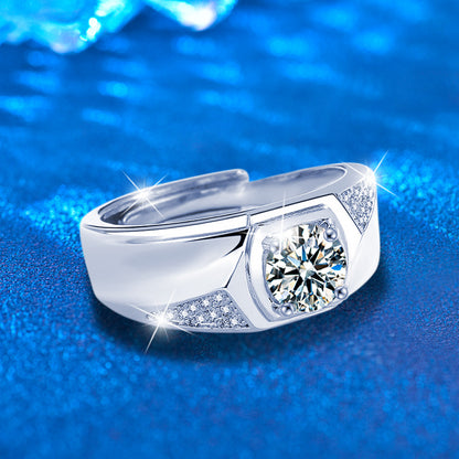 S925 Sterling Silver Adjustable Geometric Men's Ring with 1ct Moissanite Rhodium Plated European Style Jewelry