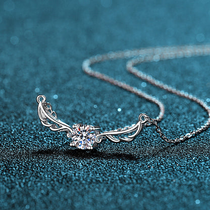 S925 Sterling Silver Angel Wing Pendant Necklace - 0.5CT Moissanite Delicate Collarbone Chain