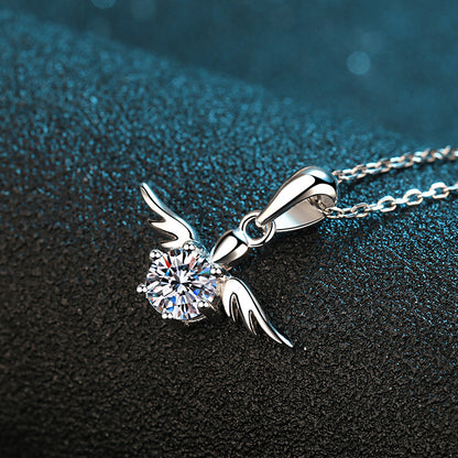 S925 Sterling Silver Angel Wing Pendant Necklace - 0.5CT Moissanite PT950-Plated Collarbone Chain