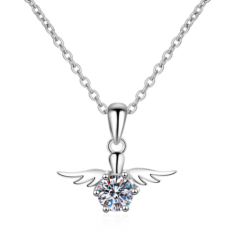 S925 Sterling Silver Angel Wing Pendant Necklace - 0.5CT Moissanite PT950-Plated Collarbone Chain