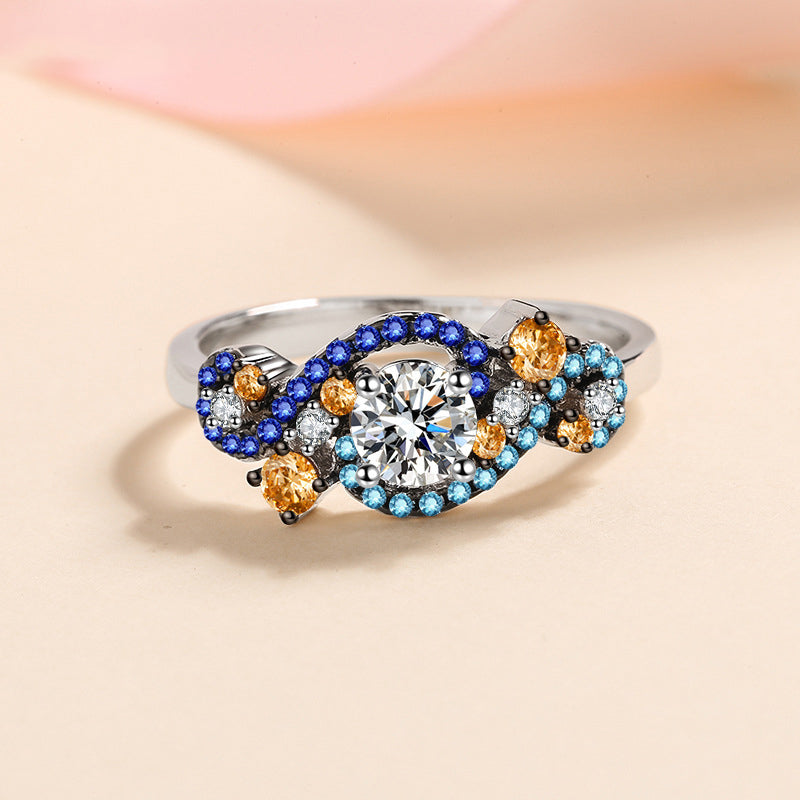S925 Sterling Silver Angel's Eye Two-Tone Micro-Pavé Moissanite Ring with Lion Dance Motifs