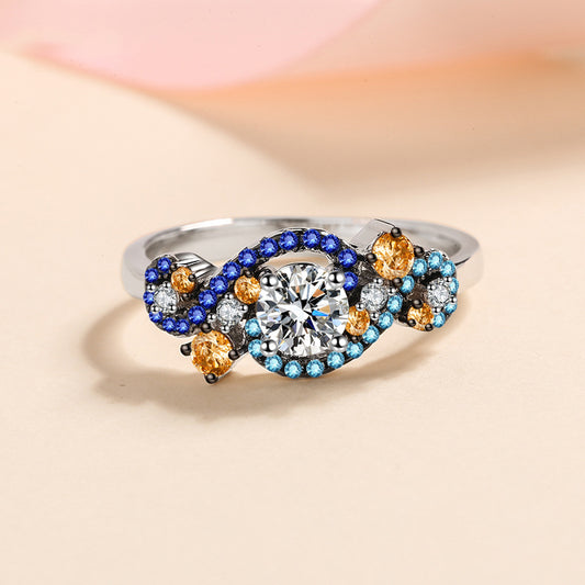 S925 Sterling Silver Angel's Eye Two-Tone Micro-Pavé Moissanite Ring with Lion Dance Motifs