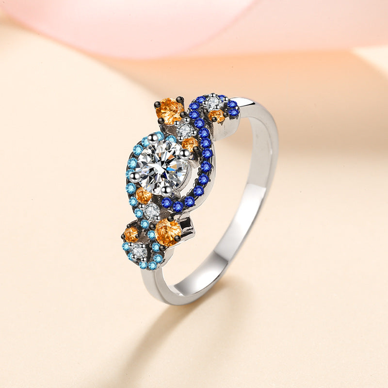 S925 Sterling Silver Angel's Eye Two-Tone Micro-Pavé Moissanite Ring with Lion Dance Motifs