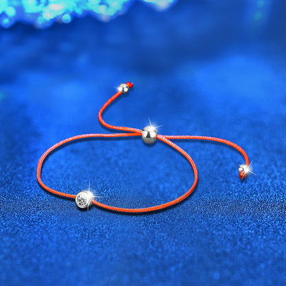 S925 Sterling Silver Beaded Red String Bracelet with 0.3ct Moissanite Minimalist Ethnic Jewelry Rhodium Plated
