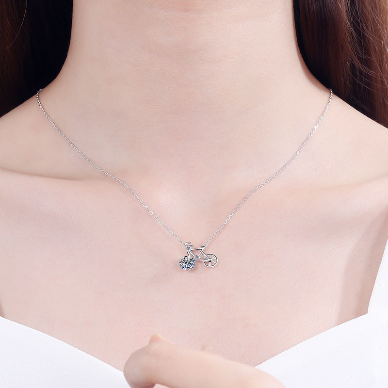 S925 Sterling Silver Bicycle Pendant Necklace - 1CT Moissanite Wheel-Inspired Choker