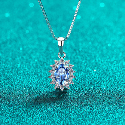 S925 Sterling Silver Blue Moissanite Pendant Necklace - 1CT Oval Cut Box Chain