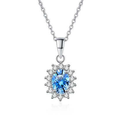 S925 Sterling Silver Blue Moissanite Pendant Necklace - 1CT Oval Cut Box Chain