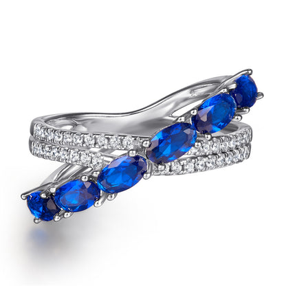 S925 Sterling Silver Blue Zirconia Crossover Ring - Bold Geometric Statement Jewelry