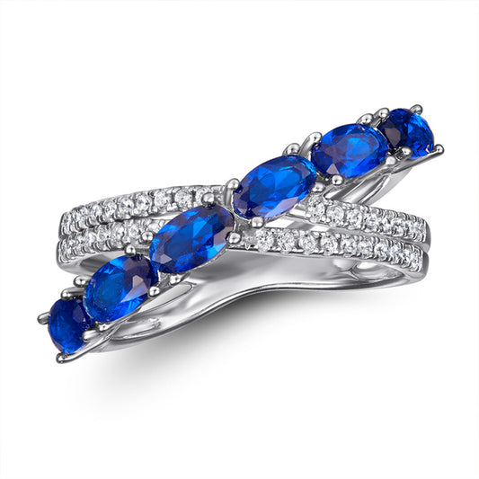 S925 Sterling Silver Blue Zirconia Crossover Ring - Bold Geometric Statement Jewelry