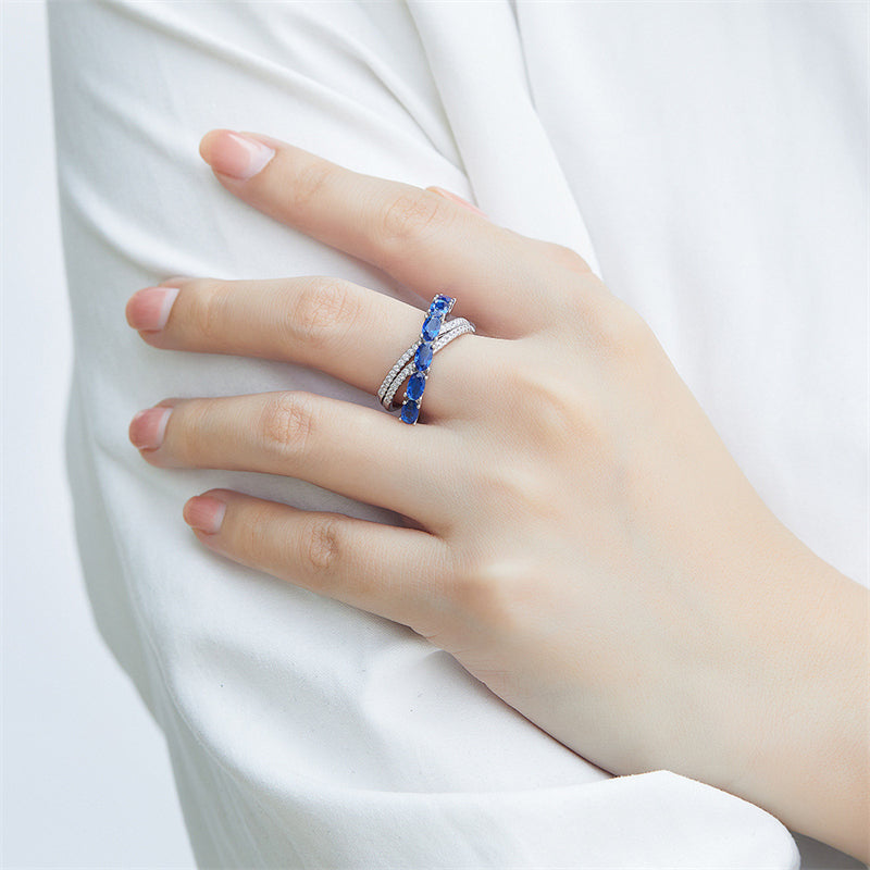 S925 Sterling Silver Blue Zirconia Crossover Ring - Bold Geometric Statement Jewelry