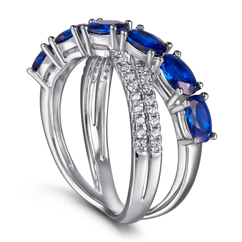 S925 Sterling Silver Blue Zirconia Crossover Ring - Bold Geometric Statement Jewelry