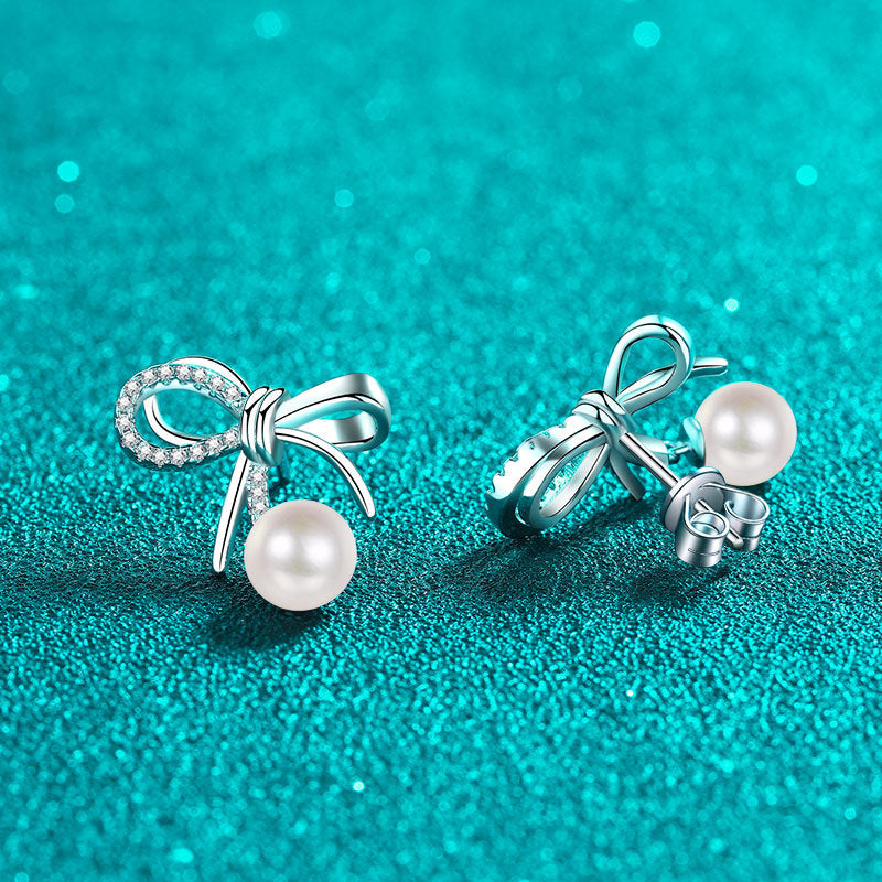 S925 Sterling Silver Bow Drop Earrings - 0.21ct Moissanite & 6-7mm Freshwater Pearls