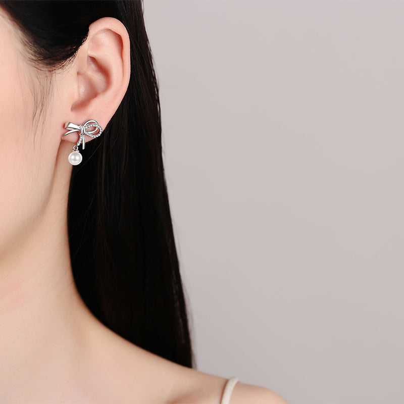 S925 Sterling Silver Bow Drop Earrings - 0.21ct Moissanite & 6-7mm Freshwater Pearls