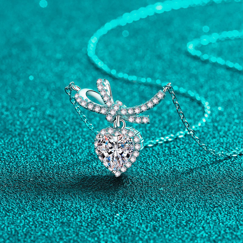 S925 Sterling Silver Bow Heart Pendant Necklace - 1CT Moissanite Princess-Style Chain