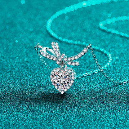 S925 Sterling Silver Bow Heart Pendant Necklace - 1CT Moissanite Princess-Style Chain