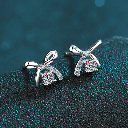 S925 Sterling Silver Bow Moissanite Stud Earrings Plated with Pt950 Gold - Dainty 4-Prong Elegance