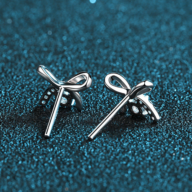 S925 Sterling Silver Bow Moissanite Stud Earrings Plated with Pt950 Gold - Dainty 4-Prong Elegance