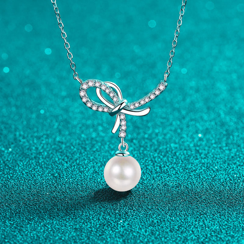 S925 Sterling Silver Bow Necklace - 12.8-Point Moissanite & Pearl Pendant Elegant Layered Choker for Women