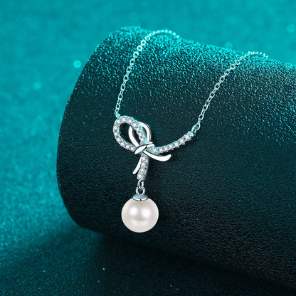 S925 Sterling Silver Bow Necklace - 12.8-Point Moissanite & Pearl Pendant Elegant Layered Choker for Women