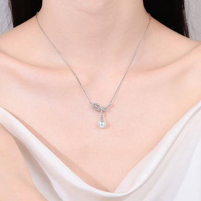 S925 Sterling Silver Bow Necklace - 12.8-Point Moissanite & Pearl Pendant Elegant Layered Choker for Women