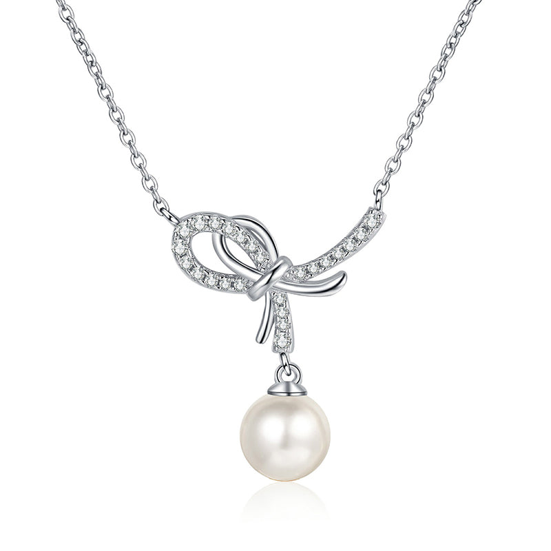 S925 Sterling Silver Bow Necklace - 12.8-Point Moissanite & Pearl Pendant Elegant Layered Choker for Women