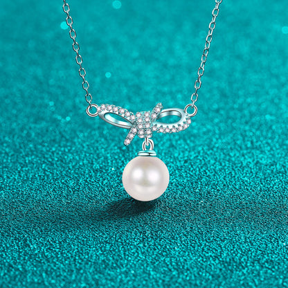 S925 Sterling Silver Bow Necklace - 14.5-Point  Moissanite & Pearl Pendant Sweet Layered Choker for Girls