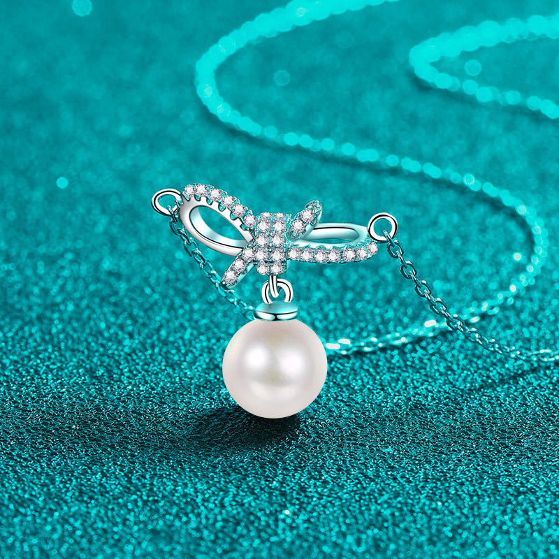 S925 Sterling Silver Bow Necklace - 14.5-Point  Moissanite & Pearl Pendant Sweet Layered Choker for Girls