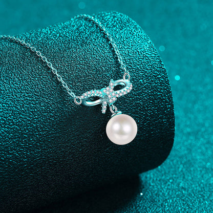 S925 Sterling Silver Bow Necklace - 14.5-Point  Moissanite & Pearl Pendant Sweet Layered Choker for Girls