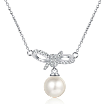 S925 Sterling Silver Bow Necklace - 14.5-Point  Moissanite & Pearl Pendant Sweet Layered Choker for Girls
