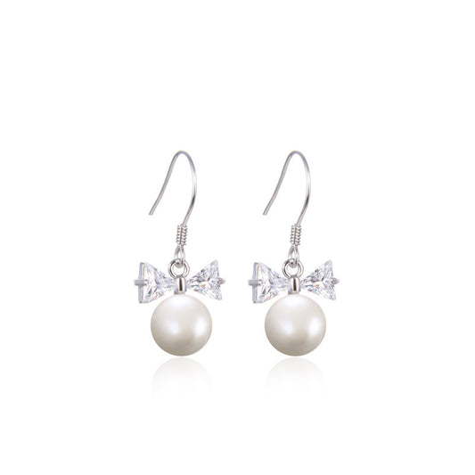 S925 Sterling Silver Bow Pearl Drop Earrings - Korean Geometric Dangle Earrings for Women