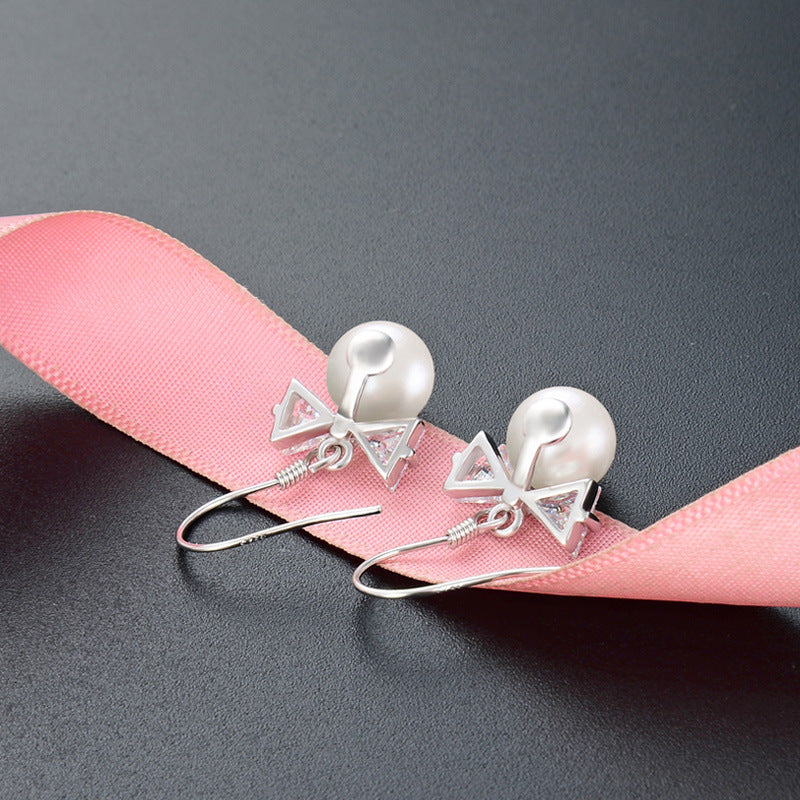 S925 Sterling Silver Bow Pearl Drop Earrings - Korean Geometric Dangle Earrings for Women