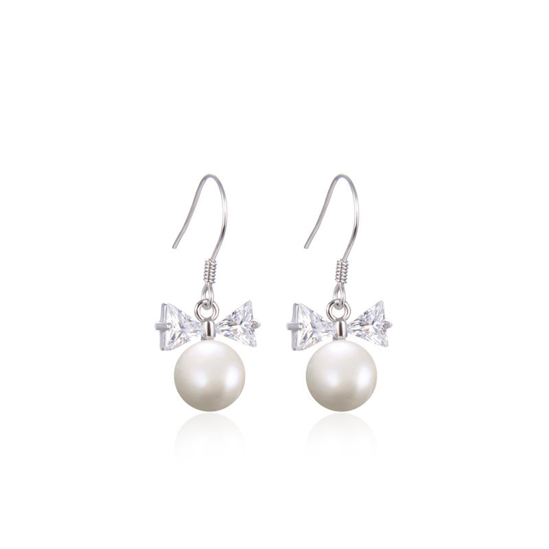 S925 Sterling Silver Bow Pearl Drop Earrings - Korean Geometric Dangle Earrings for Women